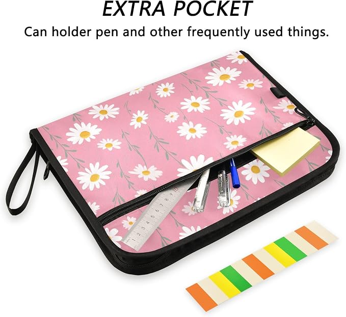 13 Pocket Zipper Expanding File Folder A4 Daisy Flower Pink Print | Accordion File Organizer with Front Pouch A4 Letter Size Portable Folders for Documents Receipt School Office Supplies