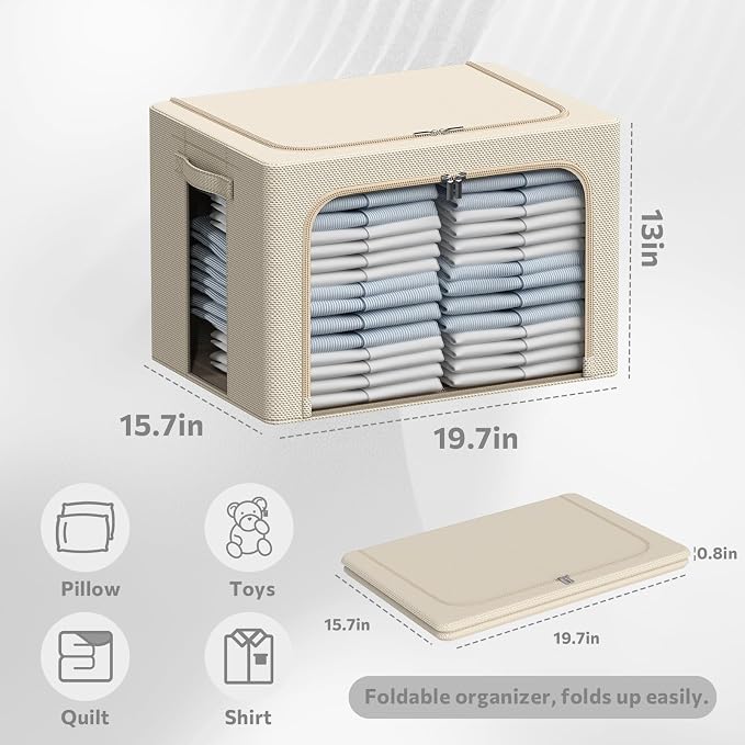 CYhom 3Pack Frame Storage Box - Clothes Storage Bin Bags Oxford Fabric Foldable Stackable Container Organizer Set with Clear Window & Carry Handles Large Capacity (Beige, Large-66L)