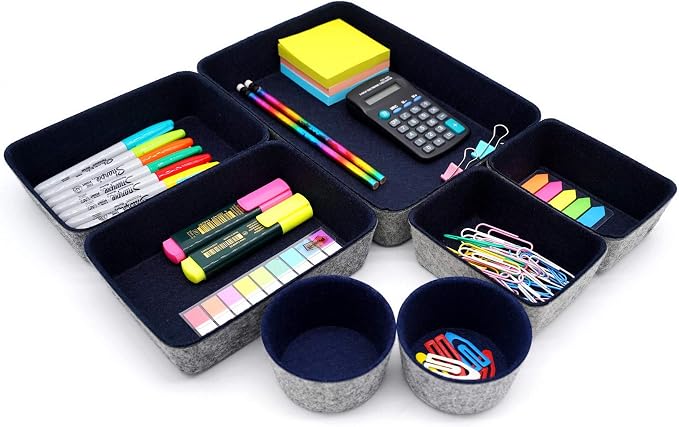 Welaxy 7 Piece Felt Desk Drawer Organizer Storage Bin Navy Catchall Tray