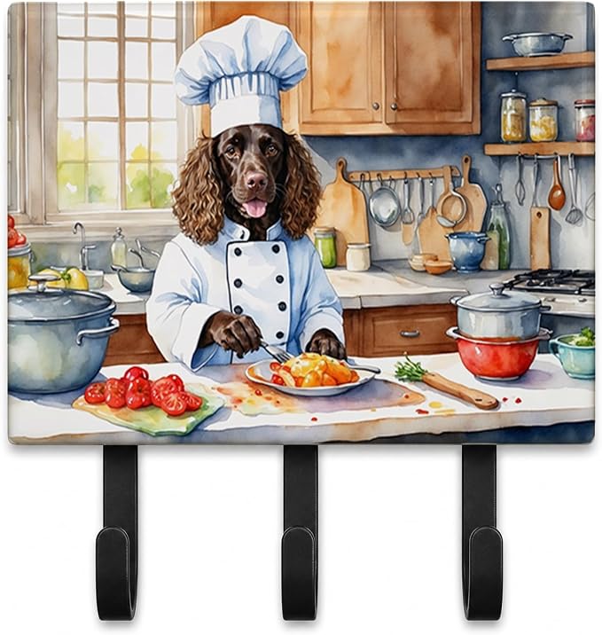 Caroline's Treasures American Water Spaniel The Chef Leash or Key Holder Wall Hooks, Key Hooks Holder, Coat Rack Wall Mount, Coat Hooks, Hooks for Hanging Keys, Towels, Aprons, Leashes | American Water Spaniel The Chef artwork on ceramic tile with thre...