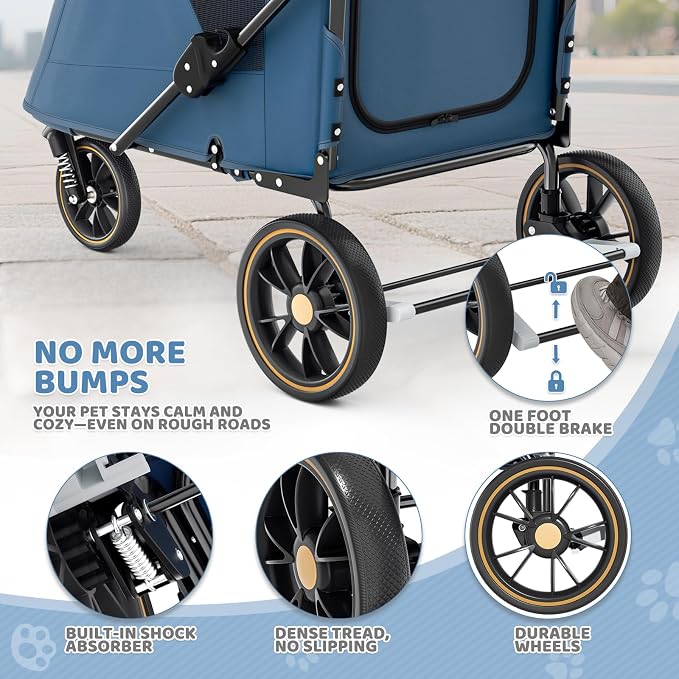 Magshion Pet Stroller for Medium Large Dog, 3-Wheel Foldable Jogger, Navy | All-Terrain with Adjustable Handle, Dual Entry, Rear Storage, Breathable Mesh, One-Foot Brake, Up to 55 lbs