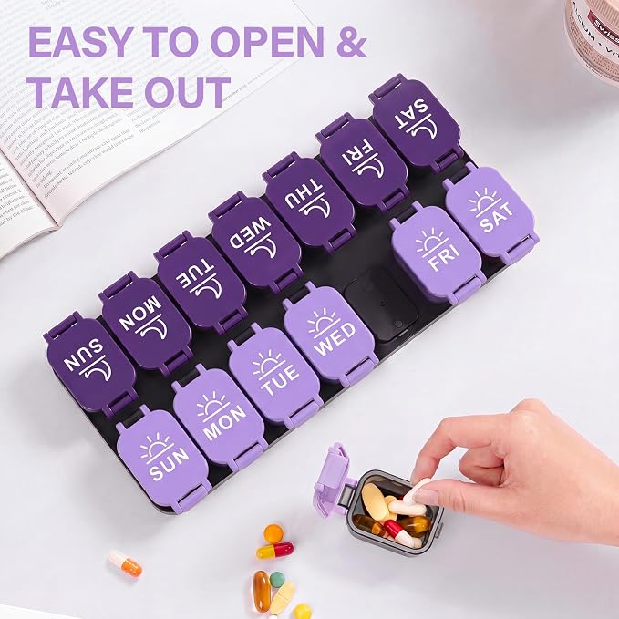 Yaklim Extra Large Weekly Pill Organizer, Detachable 7 Day AM PM Pill Box | XXL 14 Detachable AM PM Compartments；For Big Vitamins & Supplements； Easy to Open & Fill； Waterproof Seals； Easy Readability