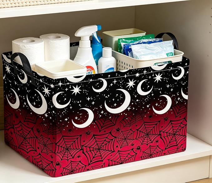 Rectangle Storage Basket with Handles,Collapsible Storage Bin,Books Box,Gift Basket(Dark Night Spiderweb)