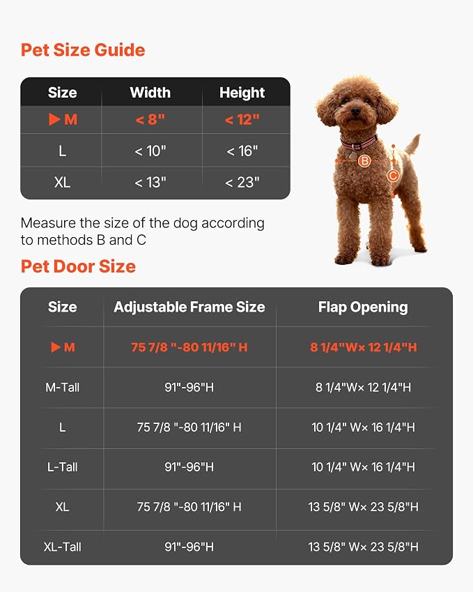 VEVOR Dog Door for Sliding Glass Door, 91 to 96 in Adjustable Height, Aluminum Alloy Frame with Metal Rotating Hinges, Lock Design, 8 1/4 x 12 1/4 in Flap, Sliding Glass Pet Door for Renters | For Small Dogs and Pets, 91 to 96 in Adjustable Height, Alu...