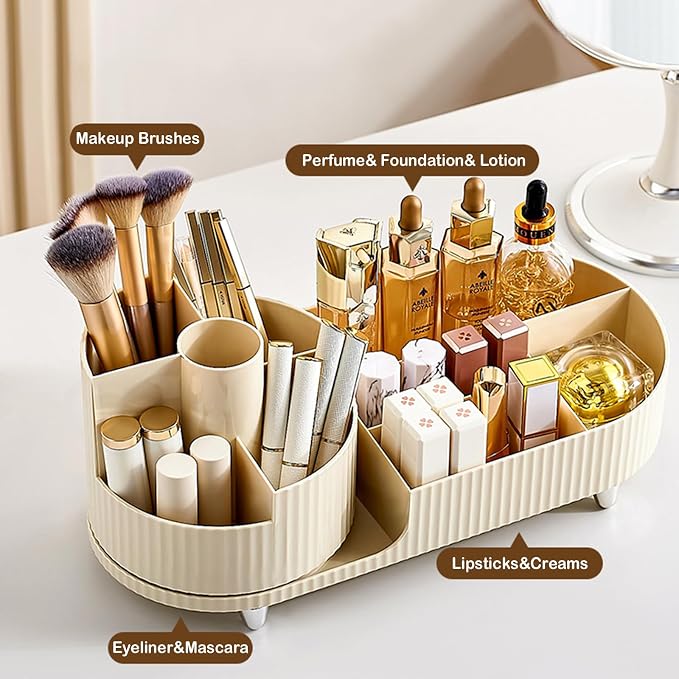Rotating Makeup Organizer for Vanity with Brush Holder, Cosmetic Makeup Storage Organizer, Large Spinning Makeup Skincare Organizer, Countertop Makeup Perfume Organizer, Lotions Display Case Ivory