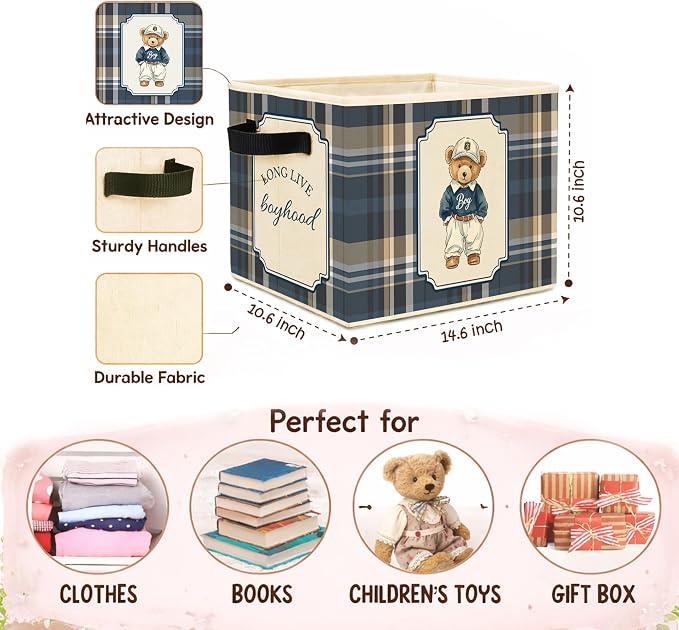 Boyhood Bear Storage Bin, Blue Plaid Foldable Fabric Basket | Foldable blue plaid fabric organizer with Long Live Boyhood bear design for nursery, bedroom, playroom, toys, books, clothes