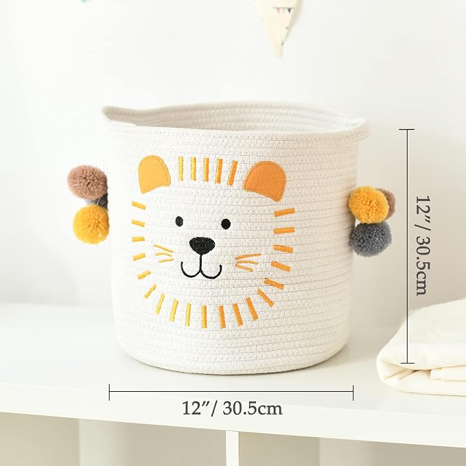 Toy Storage Baskets Cute Laundry Basket with Handles Dog Toy Storage Basket Durable Large Cotton Rope Storage Bins Home Organizer Solution for Office, Bedroom, Closet, Toys & Laundry (Lion)