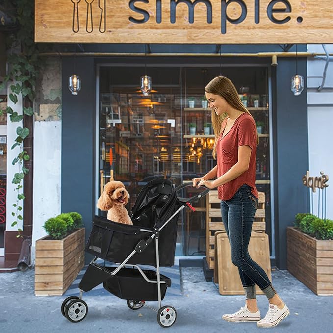 Pet Jogger Stroller, 3-Wheel Folding Carrier for Small Dogs & Medium Pets, Waterproof with Cup Holder & Removable Liner (Black)