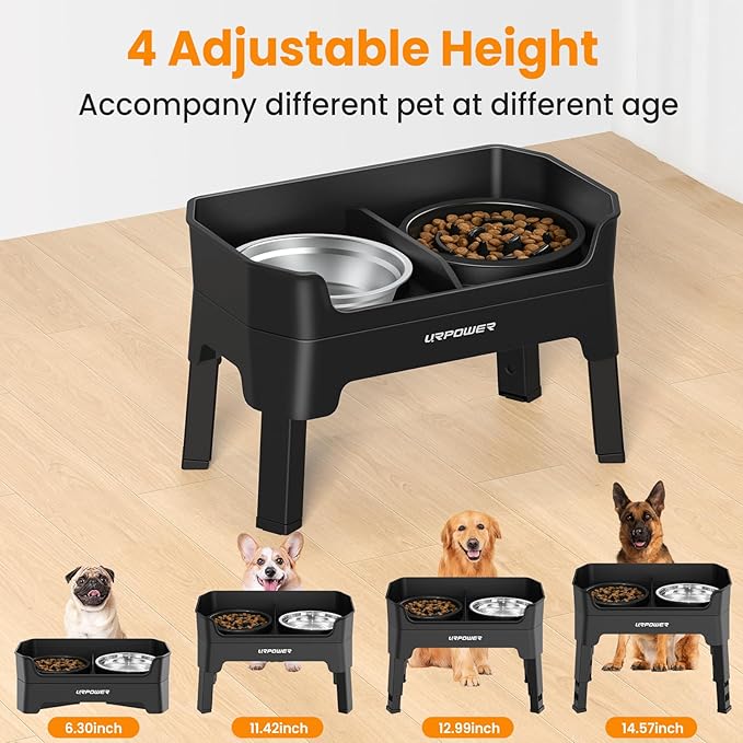 URPOWER 3-in-1 Elevated Dog Bowls - Mess Proof Double Deck 4 Height Adjustable Raised Stand with Stainless Steel Bowl & Slow Feeder Bowl for Small, Medium & Large Dogs