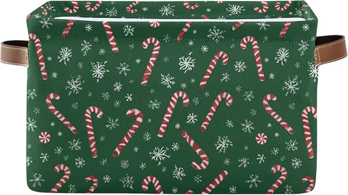 Wamika Christmas Green Storage Basket with Waterproof Liner and PU Handles Winter Candy Cane Snowflake Storage Boxes 14.2" Collapsible Decorative Organizer Baskets for Bedroom Closet Office 1 Pack