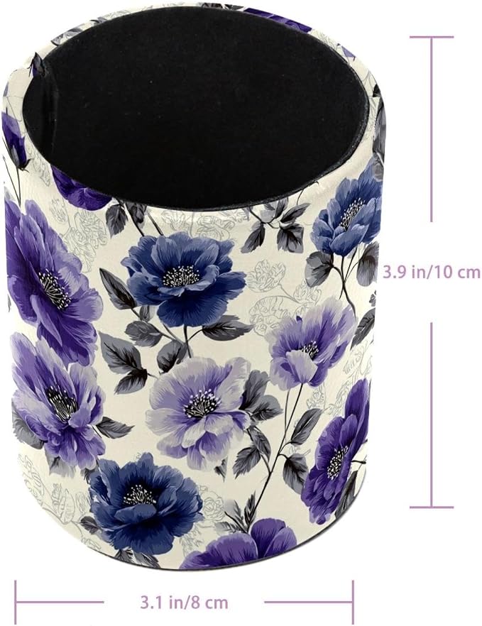 Faux Leather Pen Holder for Desk, Pencil Organizer Purple Flowers Pen Cup Desk Decor Makeup Brush Holder Storage for Office Home