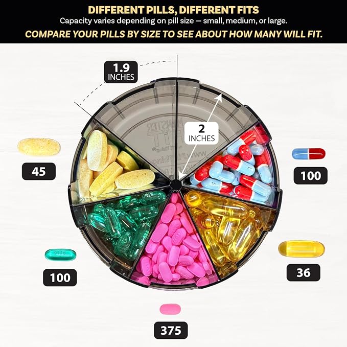 XL Supplement Pill Dispenser Bottle, 7 Compartment, Labels, Easy Open, Anti-Mixing, UV Protected Organizer, Extra Large Monthly Vitamin, Monster Fit Medication Holder Includes Premium Medisafe App