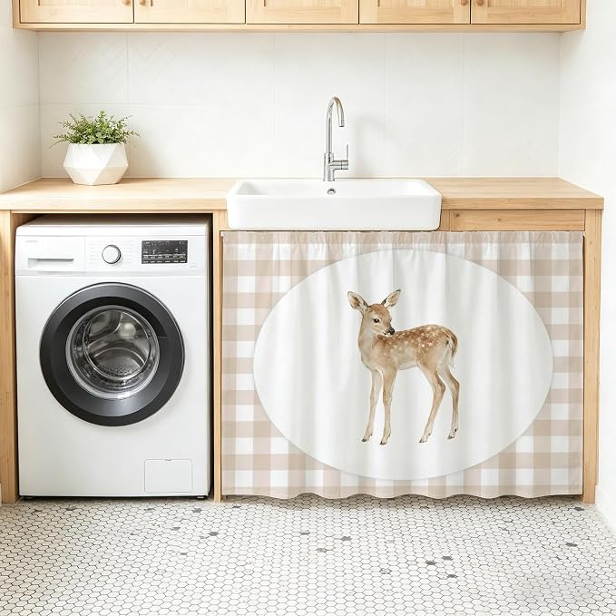 Resting Fawn Oven Skirt Curtain for Kitchen Decor 28"x35", Natural Animals Farmhouse Modern Plaid Self Adhesive Stove Curtains Skirt Cabinet Curtains for Bathroom Laundry Room
