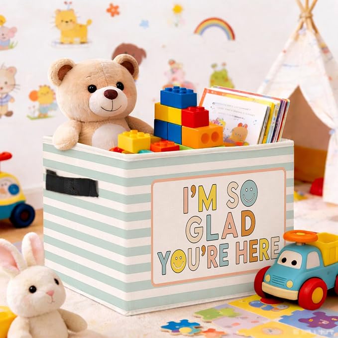 Welcome Storage Bin, Foldable Fabric Basket for Kids Room Classroom | Foldable fabric storage bin with welcome quote design for toys, books, clothes, nursery, classroom, and playroom use.