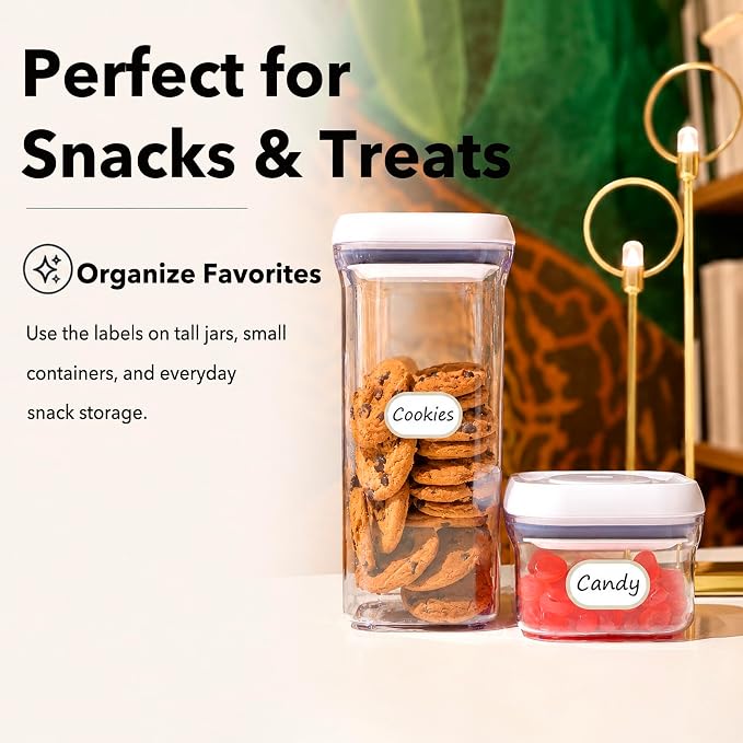 Waterproof Kitchen Labels for OXO POP Food Storage Containers and Home Organization, Pack of 64 | Removable Writable Food Storage Stickers, Tear-Resistant Pantry Organization Decals for Plastic and Glass Jars