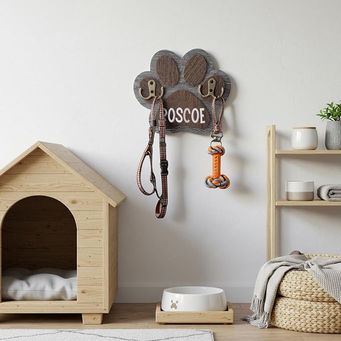Kathfly Wooden Dog Leash Holder for Wall Paw-Shaped Pet Harness Hanger 52 Letters Leash Hook Hangers Cat Collar Organizer Keychain Towels for Entryway Pet Loss Gifts Keepsake Home Decor (Double Hook)