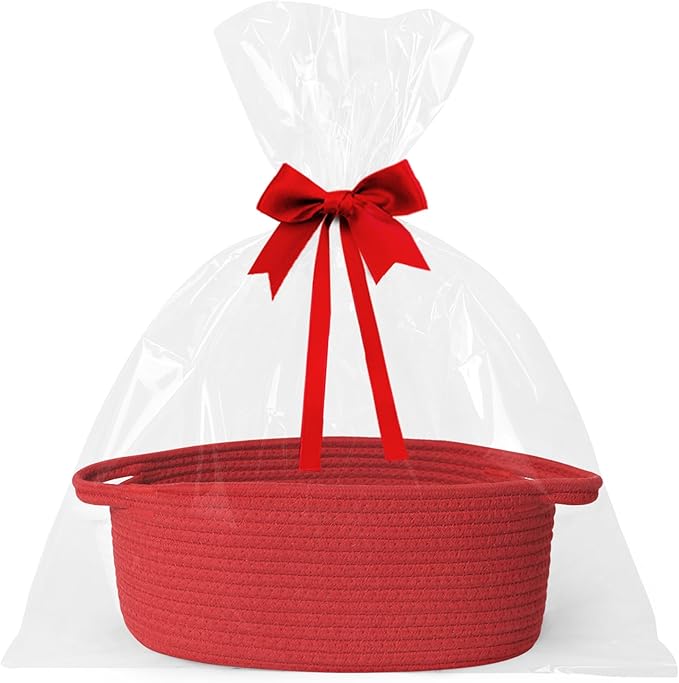 Small Baskets for Gifts Empty, 13"x 9"x 5" Woven Gift Basket with Bag and Ribbon, Cotton Rope Kids Dog Cat Toy Bin Box, Cute Baby Nursery Organizer, Decorative Storage with Handles, Red