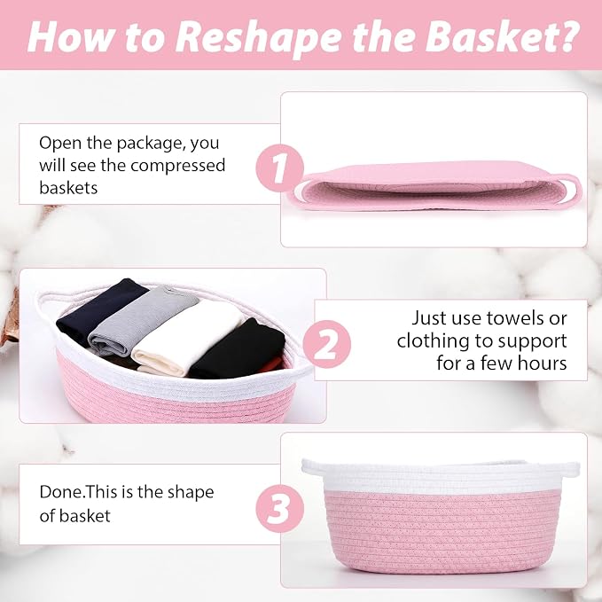 woric Baby Gifts Basket 12 x 8 x 5 in Small Woven Basket Rope Baskets | Soft Cotton for Wedding Gifts Empty Baby Shower Toy Storage Girls Birthday (Pink with Gift Bag Card Ribbon Tissue Paper)