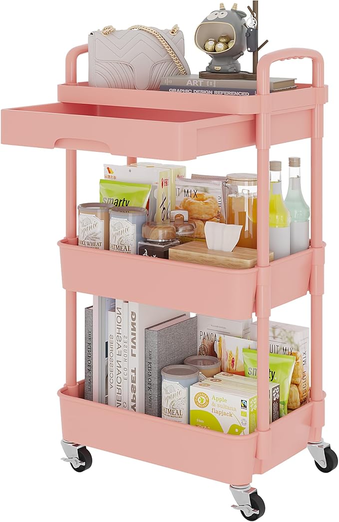 Calmootey 3-Tier Utility Cart with Drawer & Wheels, Storage for Home,Office | Space-Saving Organizer, Sturdy Plastic Shelves, Smooth-Rolling Metal Wheels, Built-in Drawer for Small Items, Pink