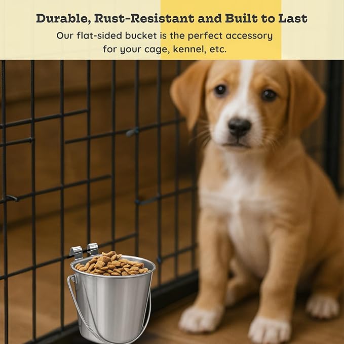 Stainless Steel Flat Side Bucket with Dual Hooks 2 Quart (0.5Gallon)– Heavy Duty Hanging Dog Water & Food Bowl Kennel, Cage & Crate, Durable Pet Pail for Dogs, Cats, Birds & Small Animals