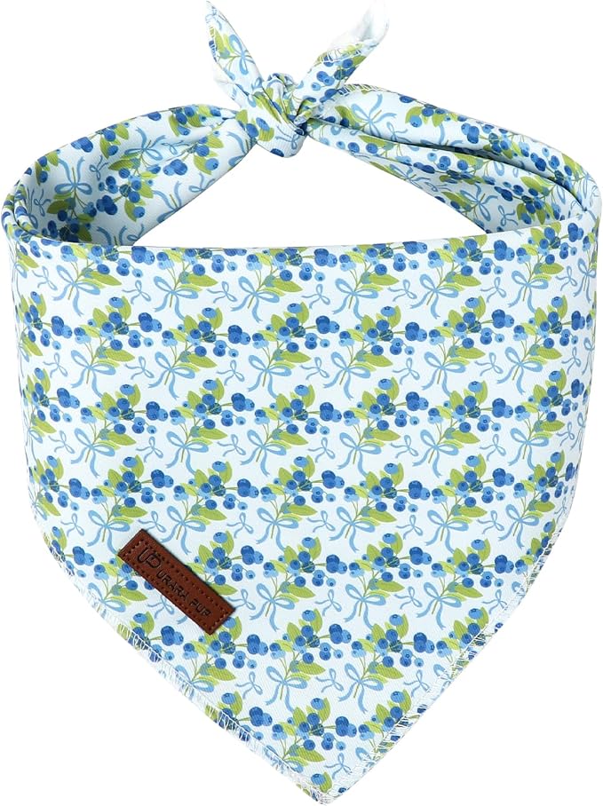 Blueberry Dog Bandana, Spring Summer Blueberry with Bowtie Puppy Bandana for Girl Female Dogs, Soft Cotton Pet Triangle Bid Scarf Kerchief for Girl Boy Dogs or Cats