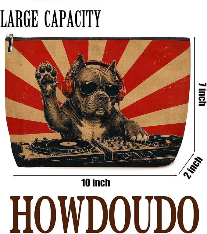 DJ Dog Music Makeup Bag Cool Pitbull Cosmetic Bag Gifts for Women | Cool Durable Travel Organizer Pouch for Women, Stylish Dog Lovers Gift, Retro Style Music Lover Animal Toiletry Bag