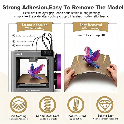 for Flashforge Creator 5/5 Pro Build Plate Dual-Texture PEI,Double-Sided Spring Steel Heated Bed,Flexible Magnetic Plate with Strong Adhesion & Easy Removal for Flashforge 3D Printer Accessories