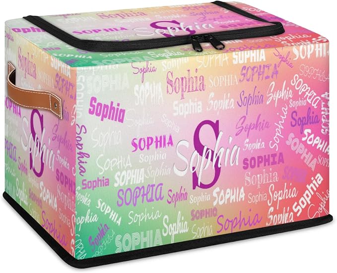 Personalized Storage Bins with Zipper Lid, Customized Name Storage Basket Rectangle Clothes Organizer for Kids and Pets Toys Shelf Closet, Gradient Green with Pink Color