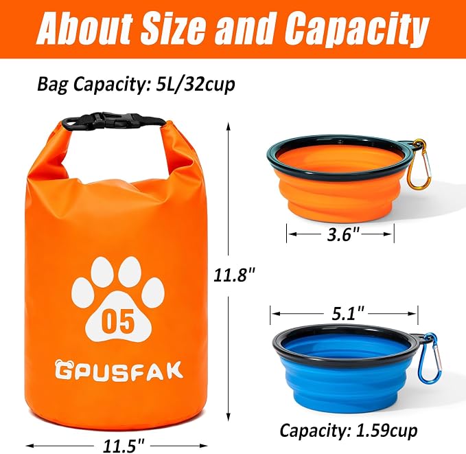 Pet Food Storage Bag with Bowl (32 Cup) - Zip Roll Top Dog Food Travel Bag Waterproof Kibble Container for Camping Road Trips Travel Dog Boarding Weekend Getaways Machine Washable 5L Orange