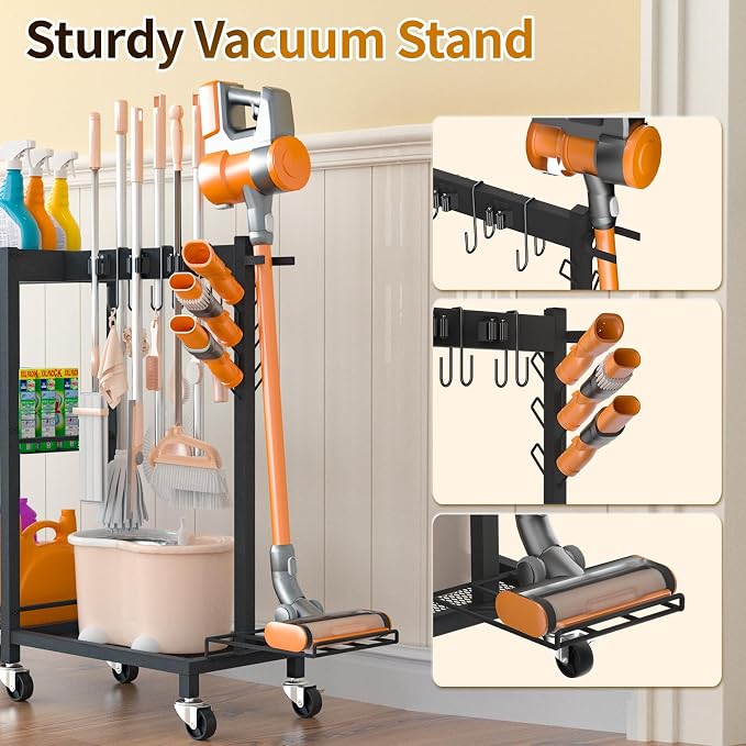 Broom Holder with Cleaning Supplies Organizer, 30.7"Wx11.8"Dx34.6"H | Load 350 LBS, Cleaning Cart with Wheels, 3-Tier Shelves, 6 Mop Hanger Grippers & 3 Double-Hooks, Vacuum Stand for Laundry