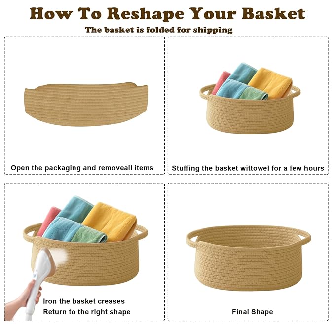 Woven Rope Basket - Baby Gift Basket with Bag & Ribbon, Jute&Brown | Cotton rope with handle, 12 x 8 x 5 in, gift bag and ribbon, for baby shower, birthday, toy storage, nursery, shelf decor