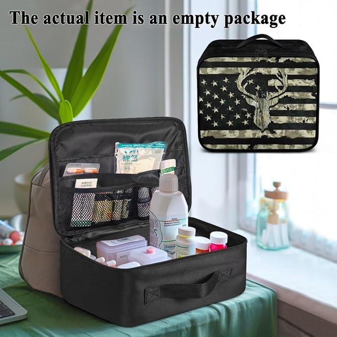 Rnyleeg Wood American Flag Deer First Aid Bag Empty First Aid Kit for Men First Responder Bag Empty Emergency Medical Supplies for Hiking