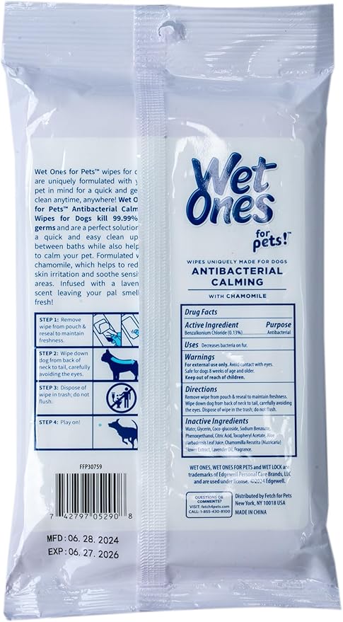 Wet Ones for Pets Antibacterial Calming Dog Wipes with Chamomile and Lavender Scent - Kills 99.99% of Germs, Durable Disposable Paw Wipes for Pets, 30 Count