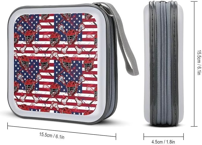 Portable DVD CD Organizer Wallet Lacrosse American Flag, 40-Capacity Hard Case with Strap, Protective Storage Binder for Car Home