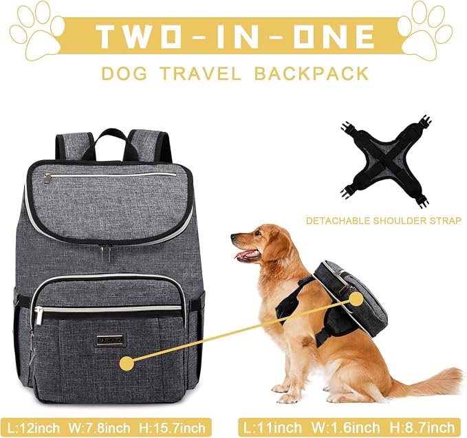 BAGLHER Travel Dog Backpack - Detachable Travel Dog Food Container for Pet Supplies Dog Gear Backpack,Dog Bag for Traveling with 2 Silicone Collapsible Bowls and 2 Food Baskets Grey