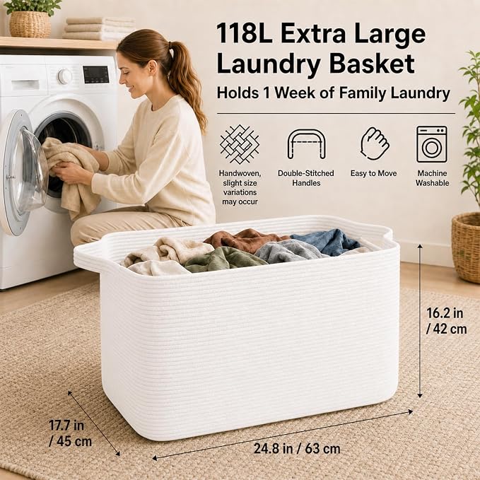 OIASKET 118L Extra Large Blanket Basket Living Room, 24.8"x17.7"x16.2" | Woven Rope Baskets for Storage, Nursery Blanket Storage for Living Room, Toy Basket with Handle Organizing Comforter Pillows