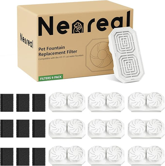 Neareal Official 9 Pack Replacement Filters & Pre-Filter Sponges for 74oz/2.2L Stainless Steel Cat Water Fountain