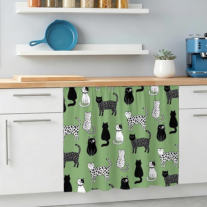 Cat Animal Sink Skirt 11"Wx13"L,Dustproof Under Sink Curtain with Self Adhesive Tape,Sage Green Earthy Tone Vintage Pet Modern Cabinet Curtain Cover for Bathroom Vanity,Kitchen Cabinet Storage Shelf