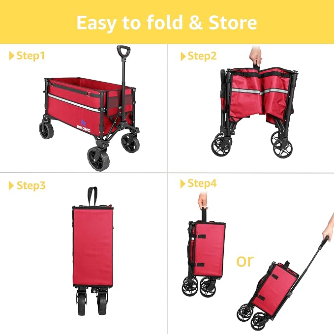 ROSONG Collapsible Wagon Cart with Wheels Foldable - Folding Utility Heavy Duty Wagons Carts for Grocery Sports Garden Shopping Camping Wheelbarrows, Burgundy