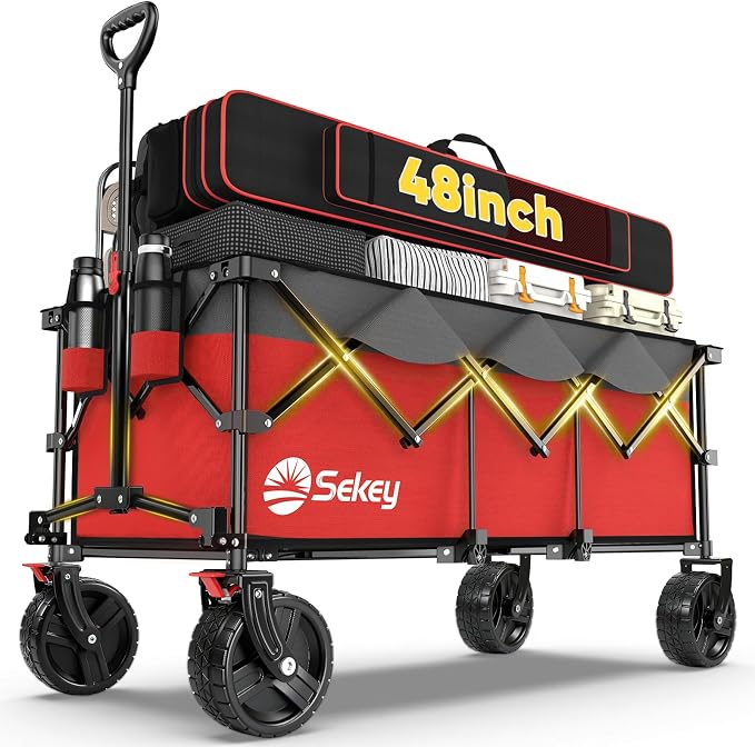 Sekey 48''L Collapsible Foldable Extended Wagon with 660lbs Weight Capacity, Heavy Duty 300L Folding Utility Garden Cart with Big All-Terrain Beach Wheels & Drink Holders. Red&Grey
