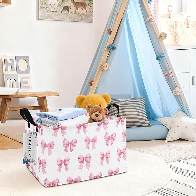Rectangular Pink Bow Storage Bin,Closet Organizer Basket | Waterproof foldable bin with reinforced handles. Store garments, cosmetics & daily items, sweet gift for teen girls.