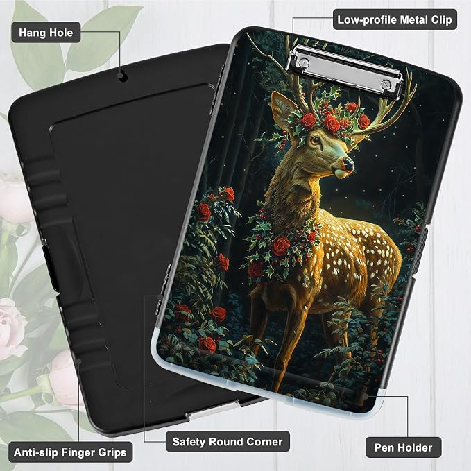 A4 Clipboard with Storage Pen Holder, Clipboards Organizer Nursing Clipboard Foldable File Folder Plastic Clipboard Folio Clip Board for Office Work Classroom Doctor, Rose Forest Deer