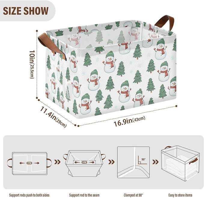 Cartoon Snowmen and Pine Tree Storage Basket Foldable Cube Storage Bins with Handles&Label Waterproof Collapsible Organizer Box Bin Large Rectangle Decorative Baskets for Shelves Home Room Laundry
