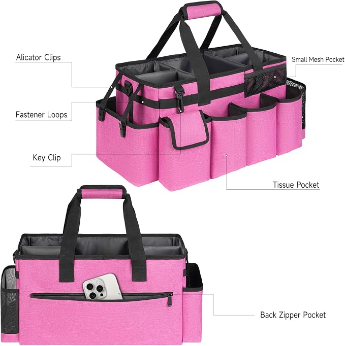 Cleaning Caddy Bag,Extra Large Cleaning Supplies Organizer with Handle for Housekeepers,Rose Red