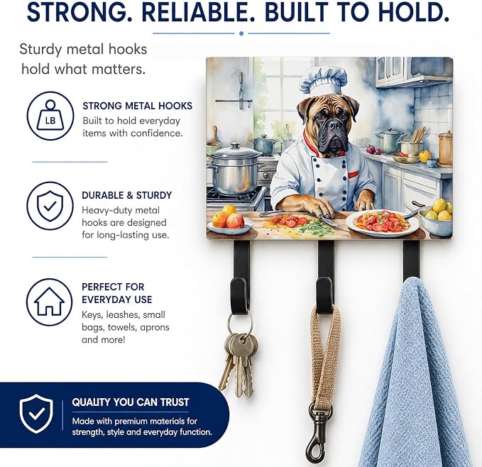 Caroline's Treasures Bullmastiff The Chef Leash or Key Holder Wall Hooks, Key Hooks Holder, Coat Rack Wall Mount, Coat Hooks, Hooks for Hanging Keys, Towels, Aprons, Leashes | Bullmastiff The Chef artwork on ceramic tile with three steel hooks for keys...