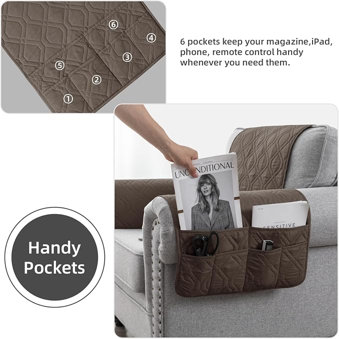 Armchair Arm Cover, Headrest Cover for Recliner Chair Waterproof Nonslip Lengthen Armrest Slipcover with Organizer for Recliner, Chair, Sofa (Taupe,1 Seater 3pcs)
