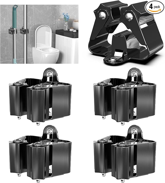 3-H Broom Holder Wall Mount 4 Pack, Heavy Duty Stainless Steel Mop and Broom Organizer Clips, Strong Grip Wall Mount Holders for Garage, Garden, Laundry Room & Utility Closet, Matte Black