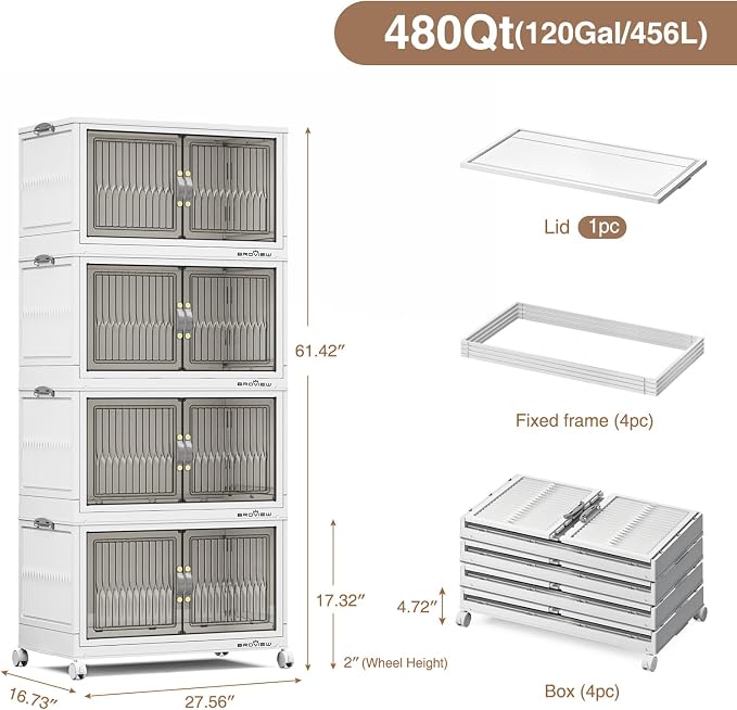 BROVIEW 480Qt Stackable Storage Bins with Lid for Home Dorm, 4Pack White | Closet Organizers, Foldable & Collapsible Cabinets, Large Containers, Wheels & Magnetic Doors, Plastic Drawers for School