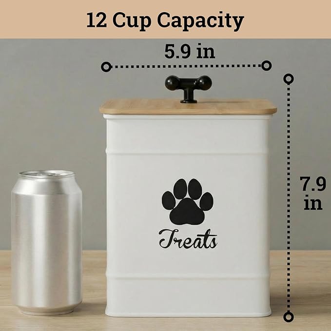 Dog Treat Container Airtight, 6"W x 8"H, Powder Coated, 12 Cup Capacity | Fits All Popular Treats, 12 Cup Capacity, Airtight Bamboo Lid, Easy Open Lid, Dent-Resistant Durable Metal Bone-Shaped Handle