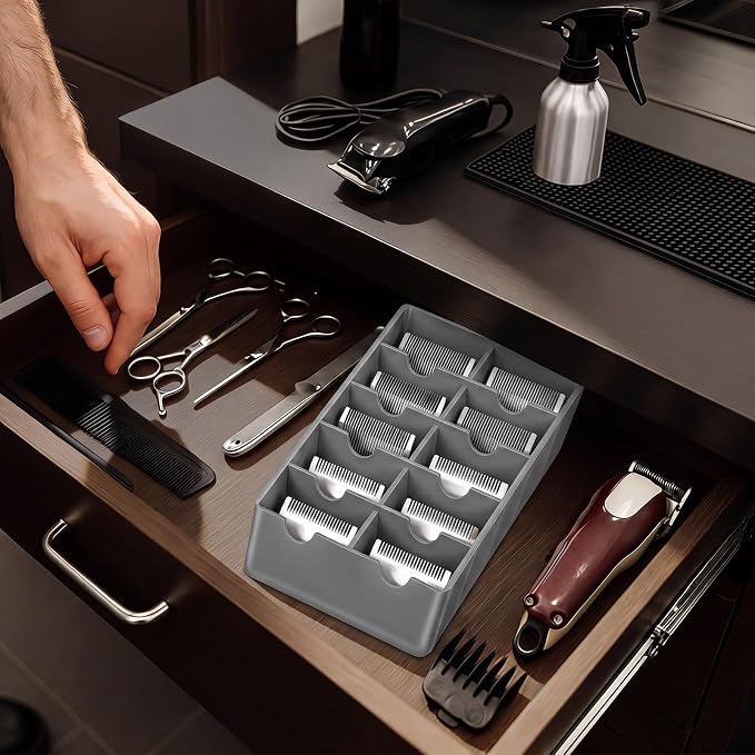 1 Pack Grey Clipper Blade Holder 10 Slot Clipper Razor Blade Rack Storage Tray Caddy Grooming and Barber Holder Organizer Case and Stylist Station Accessories